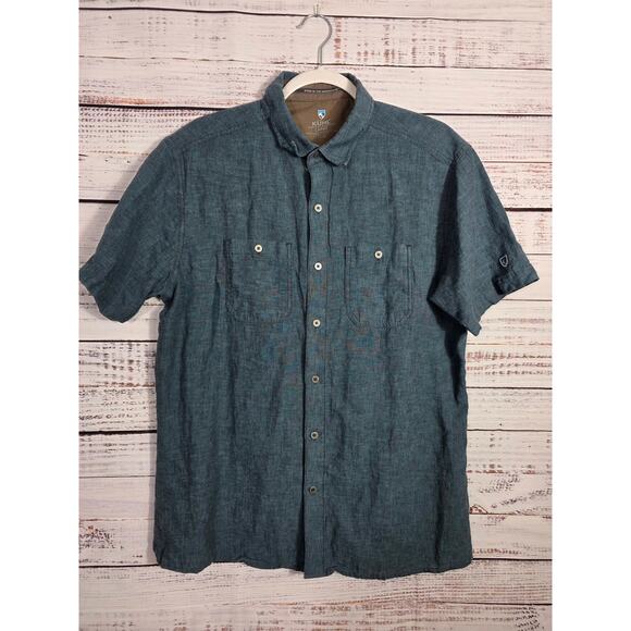 Kuhl Men's Short Sleeve Button Front Shirt Large Blue/Gray Outdoor Hiking - Picture 1 of 6